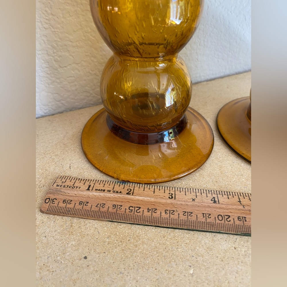 Vintage Midcentury Hand Blown Amber Bubble Glass Candle Holders MCM - Picture 7 of 7